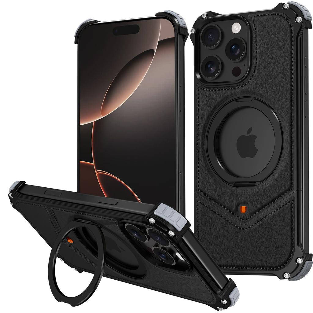 For iPhone 16 Pro Max Case PU Covered Metal Boardless Phone Back Cover with Kickstand