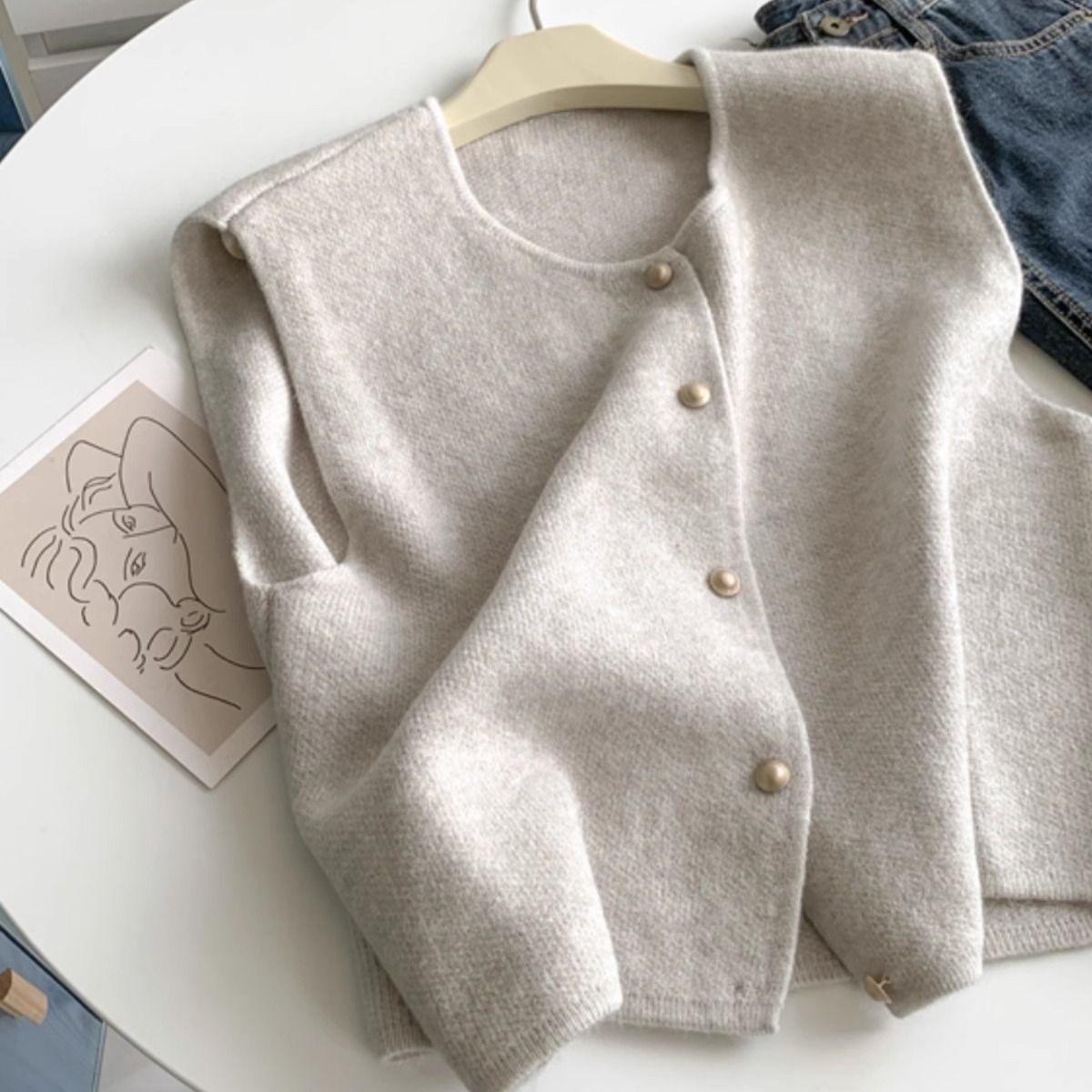 

Мягкий стиль Однорядные золотые пуговицы Элегантный Универсальный Вязаный жилет Женский Осенне-зимний Жилет Топ S