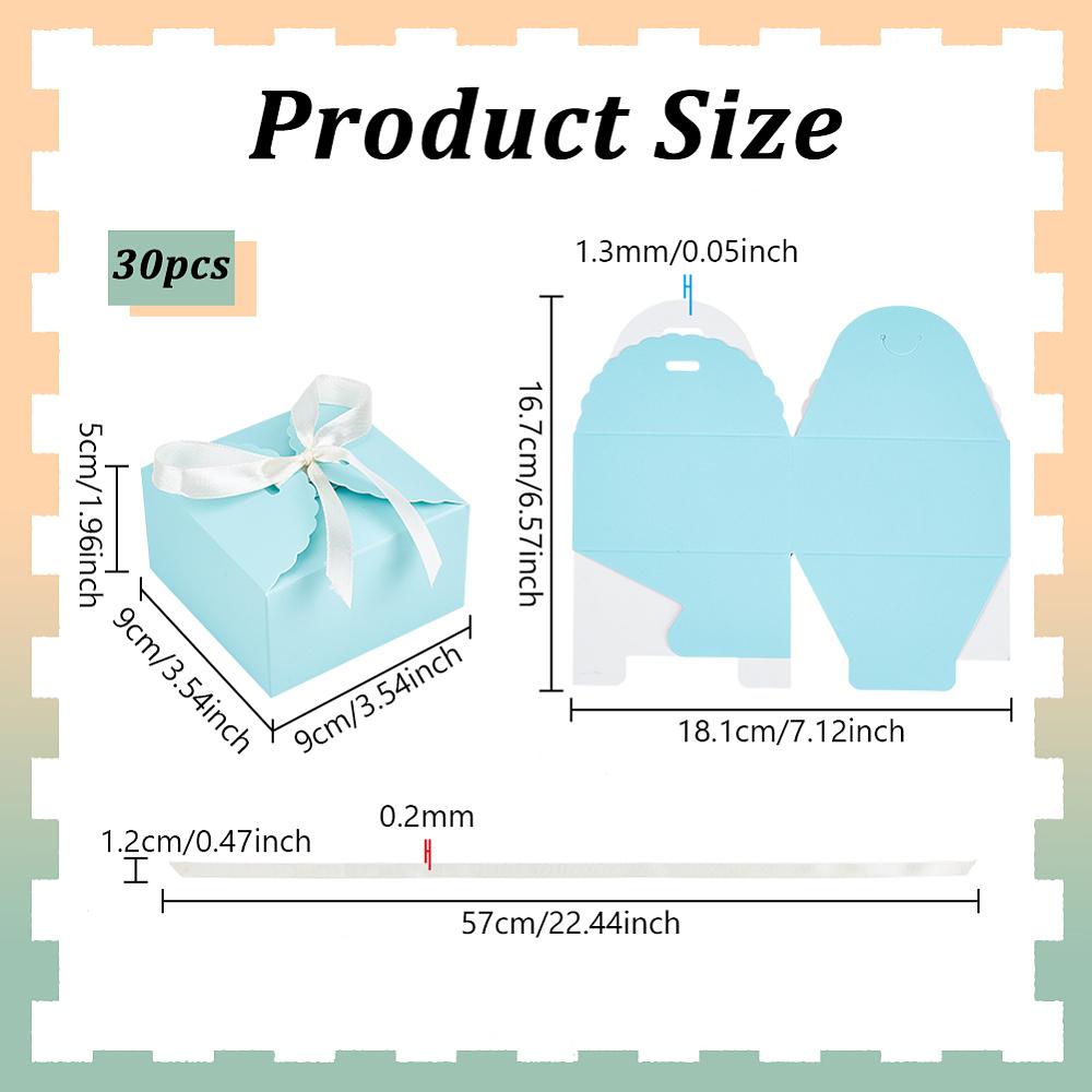 30sets Square Folding Paper Gift Boxes for Presents Candies Cookies Wrapping with Polyester Ribbon Sky Blue 9x9x5cm
