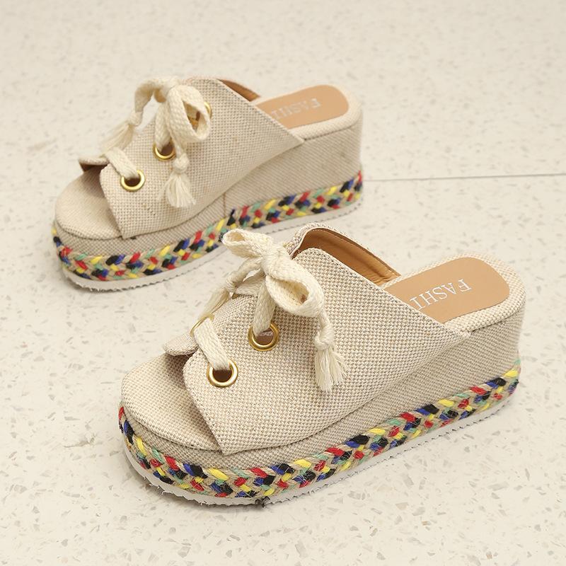 Women Summer Shoes 2026 Summer Lace Up Height Increase Wedge Slippers Women Plus Size Closed Toe Straw Platform Sandals Woman
