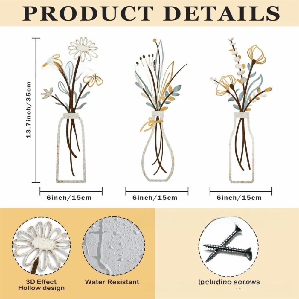 3 Pieces Set Vase Design Floral Decor 3D Wall Stickers Wall Decor Metal Flowers Wall Art  Bathroom