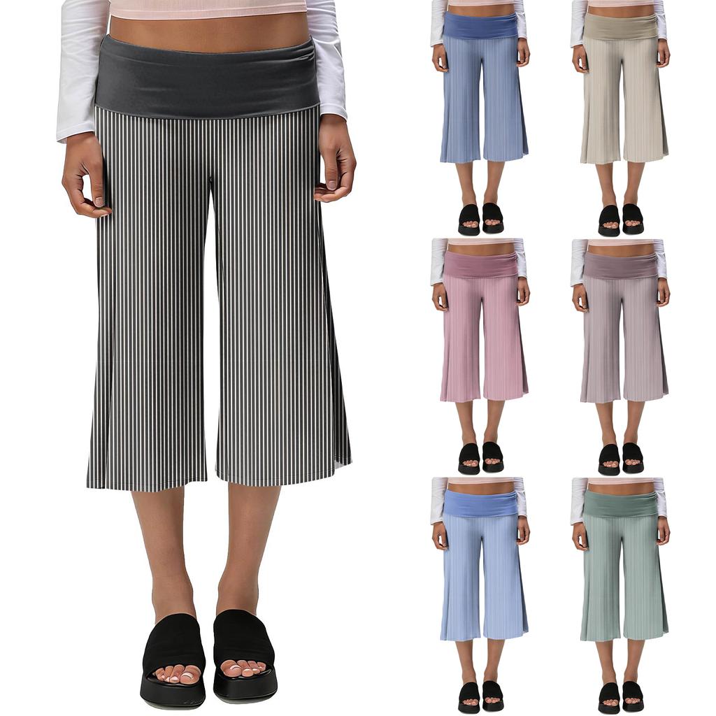 Women’s Striped Yoga Pants Loose Fit Wide Leg Cropped Trousers with Fold Over Waistband Comfortable Design for Daily Wear