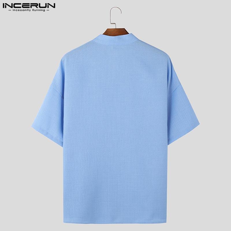 INCERUN Tricou de vară pentru bărbați, cu guler în V, mânecă scurtă, încrucișat în față, casual, semi-transparent, topuri 