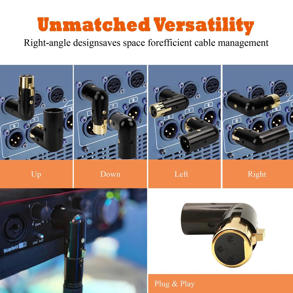 Voluty Tek XLR Right Angle Adjustable XLR for Audio Cables and PA Male-to-Female Adapter, 3-Pin 90-Degree Connector, Systems, 2-Pack
