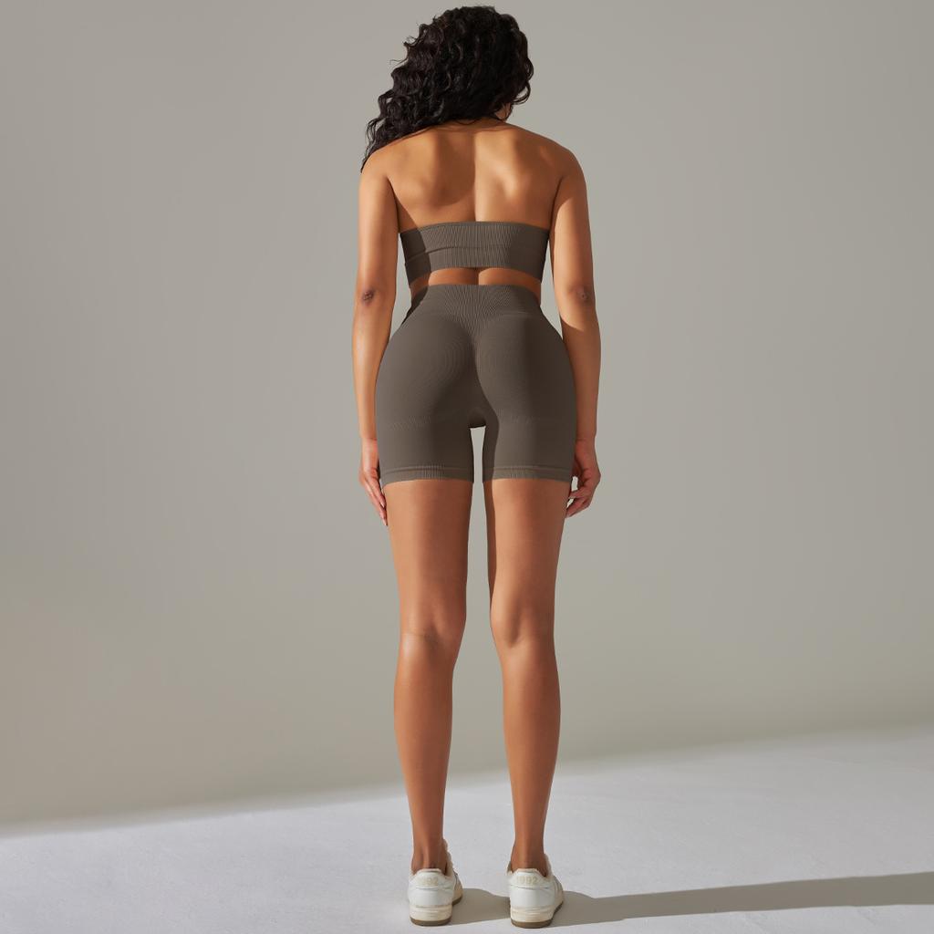 Seamless Knitted Back High Elasticity Sports Bra Yoga Set Running Fitness Shorts Two Piece Set For Women