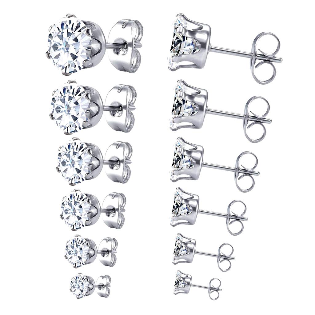6Pairs/Set CZ Stud Earrings Stainless Steel Round White Cubic Zirconia Hypoallergenic 6 Claws Earring Trendy Jewelry