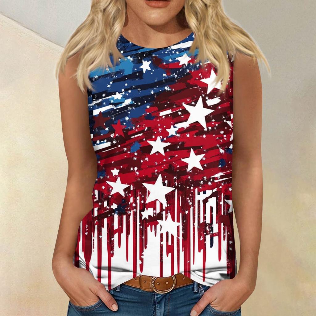Women's Fashion Casual T-Shirt Round Neck Sleeveless Independence Day Printed Vest Top