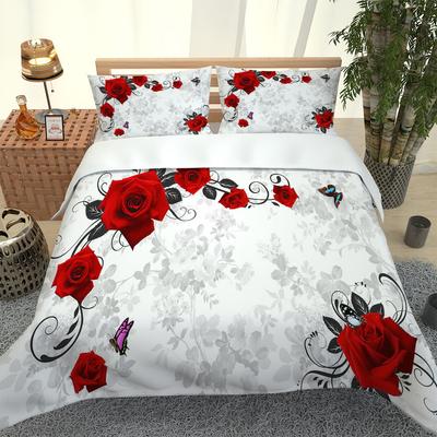 3D Bettwäscheset Botanisch Rot Rosa Blumen Bettbezug Steppdeckenbezug Kissenbezug King Queen Größe Bedruckt