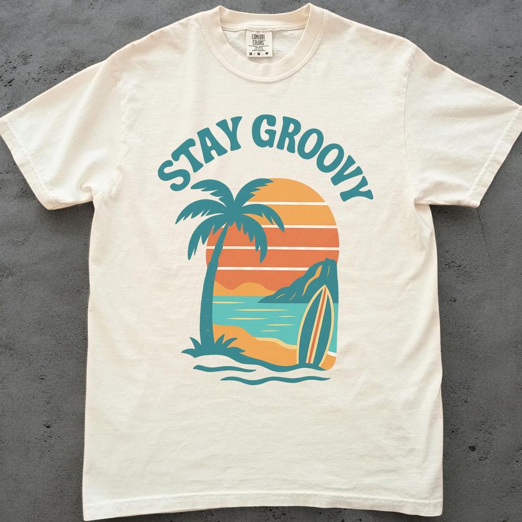 Stay Groovy Retro Surf T-Shirt, 70er Jahre Strand Grafik