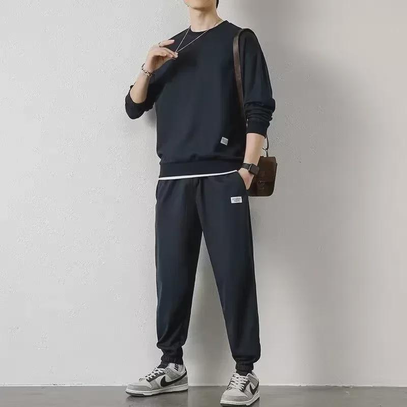 Men's Trendy Autumn/Winter Casual Sports Suit - Waffle Long-Sleeve Top and Versatile Pants Set