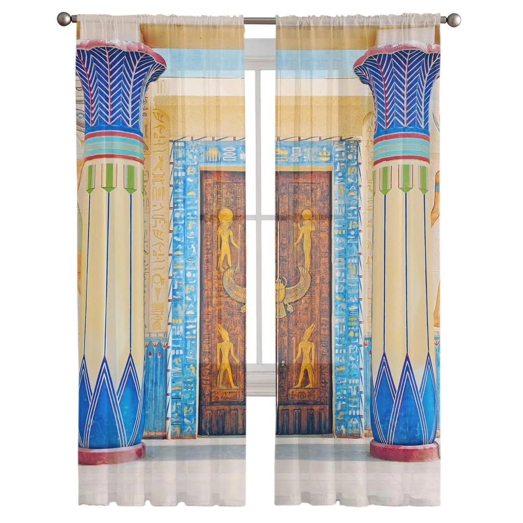 Ancient Egyptian Architecture Tulle Curtains Living Room Kitchen Bedroom Decor Voile Curtain Chiffon Window Drapes Light Filtering For Area Polyester