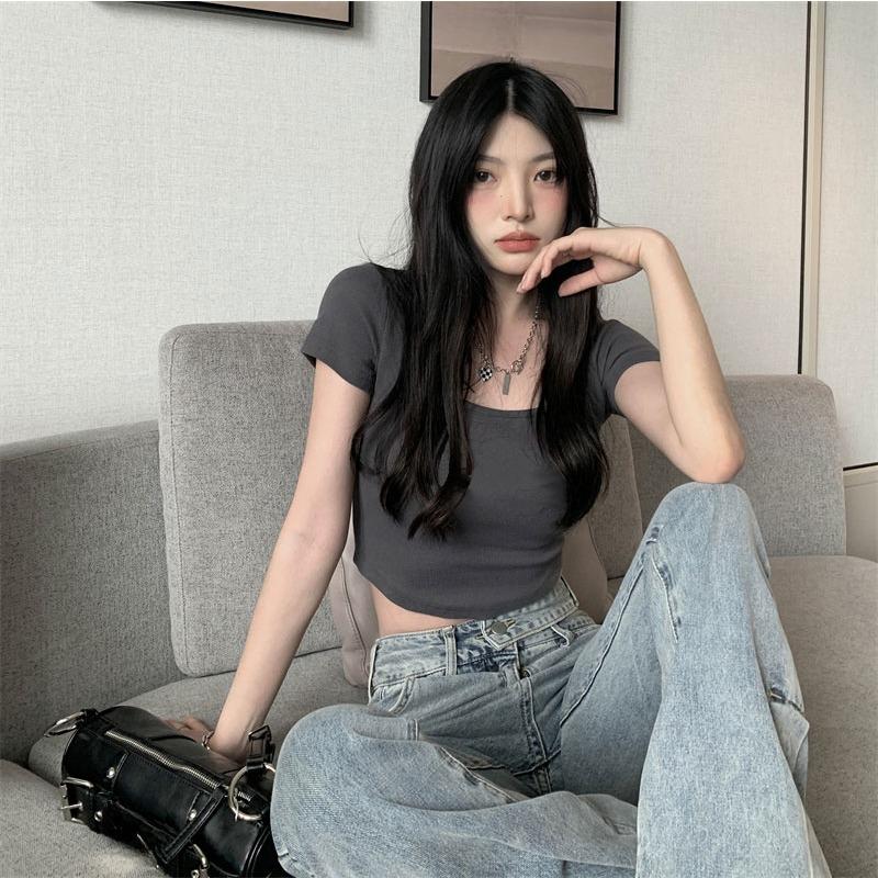 Black Pure Desire Short sleeve T-shirt Women 2024 New Summer French sle Sweet and Spicy Short Design Sense Gyaru Top