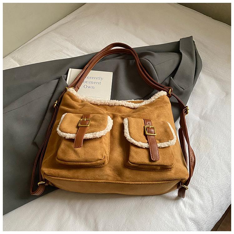 Autumn and Winter Retro Suede Tote Backpack Women's Bag 2025 New Large-capacity Lamb Wool Splicing Shoulder Bag