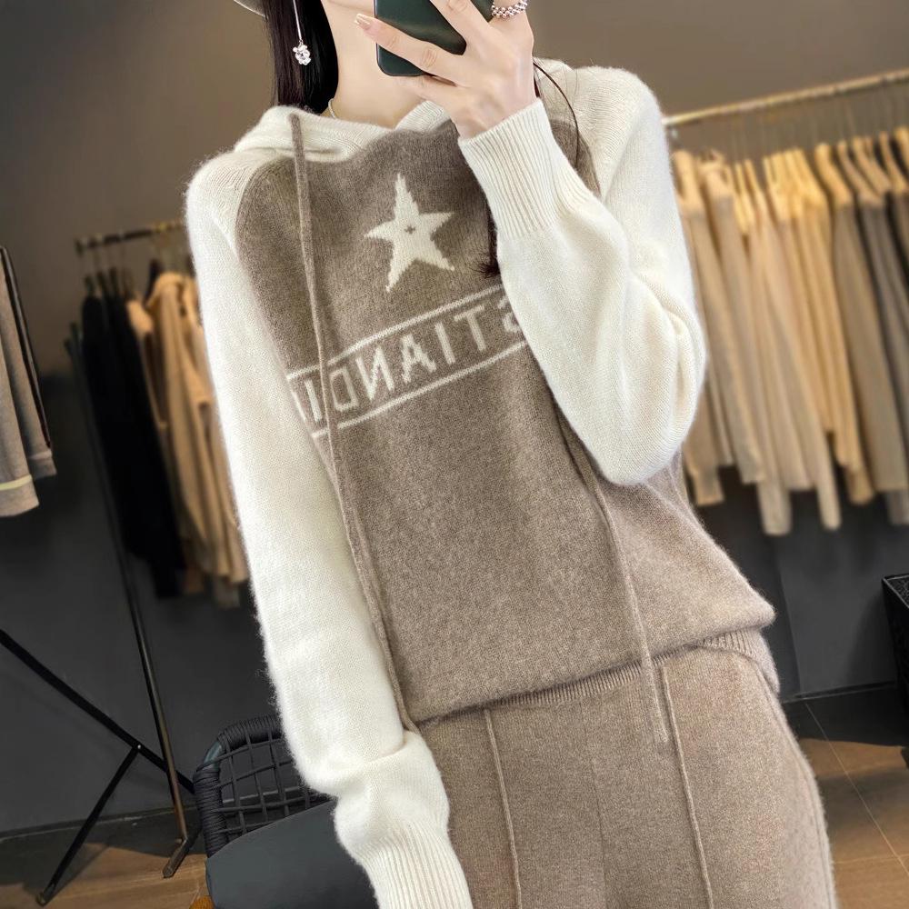 

Autumn/Winter Women s 100% Pure Wool Colorblock Hooded Sweater - Loose Raglan Long Sleeve Knitwear Large