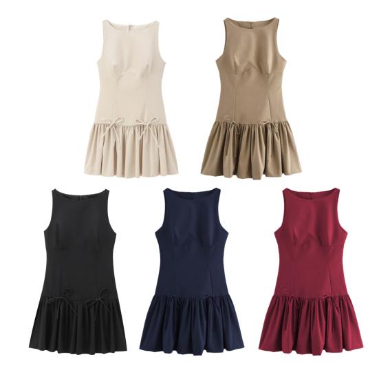 Women Summer Dress Sleeveless Bow Decor Pleated A-line Solid Color Mini Dress Back Zipper Closure