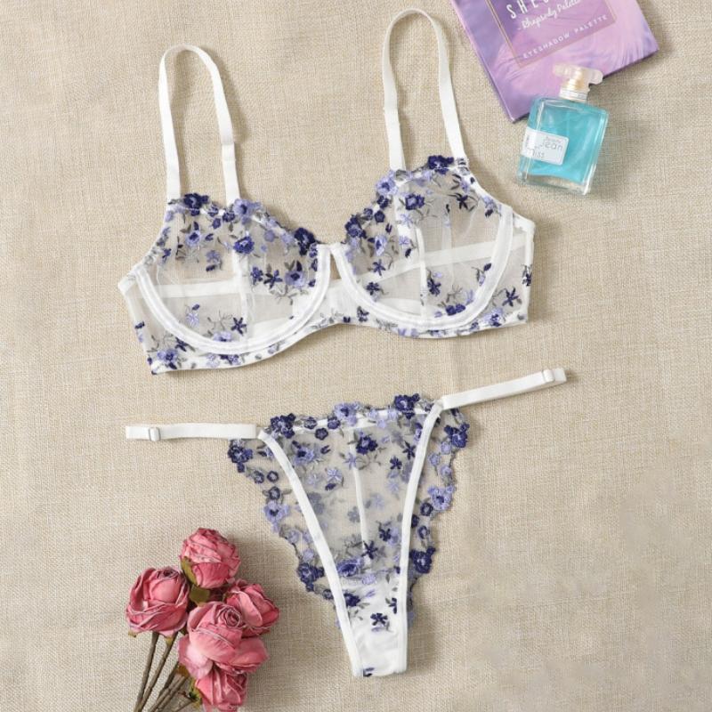 Dámská sexy krajková květinová souprava podprsenky Jednovrstvá podprsenka s kosticemi Tanga Bikini Lingerie Set