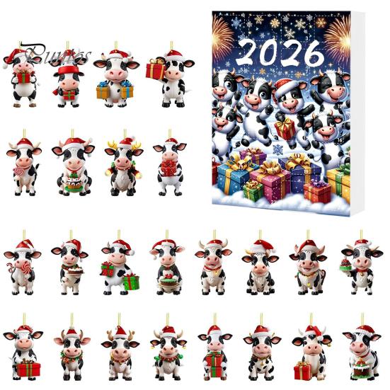 Decorative Ornaments for Backpacks Keys Christmas Cow Ornament Advent Calendar 2026, 24 Days 2D Acrylic Hanging Pendant Creative Holiday Gift