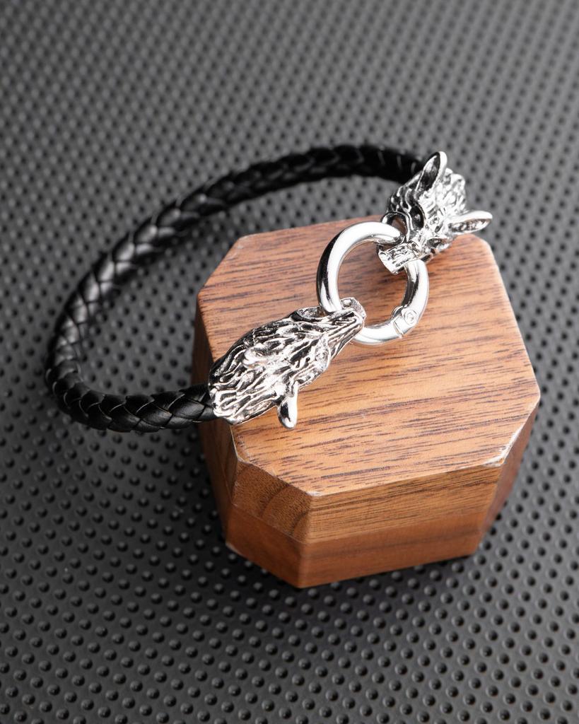Punk Leather Wolf Head Bracelet Handwoven Beaded Bracelet Men'S Personality Cycle Chain Hand Jewelry