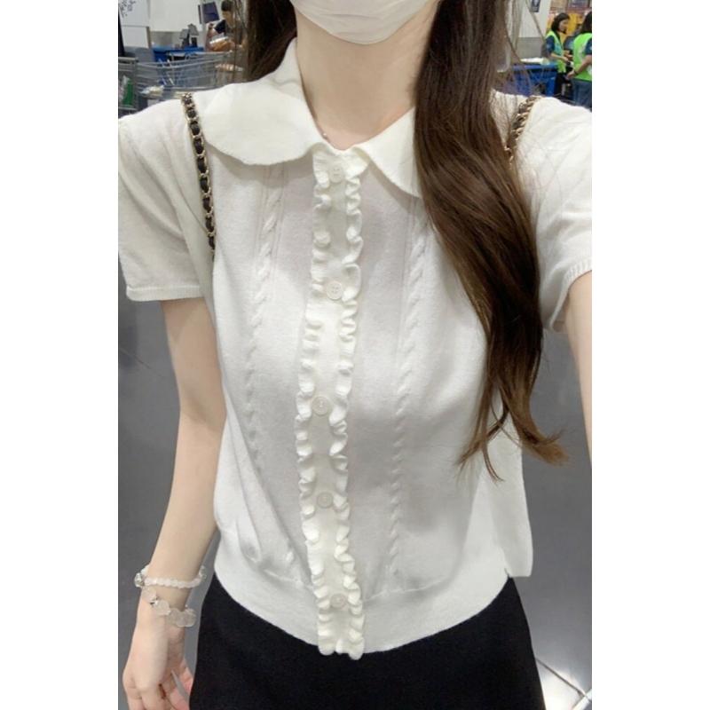 Sweet Wooden Ear Sleeve Short-Sleeved Knitted T-Shirt for Women - Summer New Design - Casual and Versatile Baby-Style Top