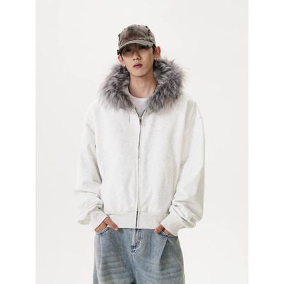 American Retro Fur Collar Couple Hooded Zipper Sweatshirt, Men's Autumn/Winter Trendy Jacket