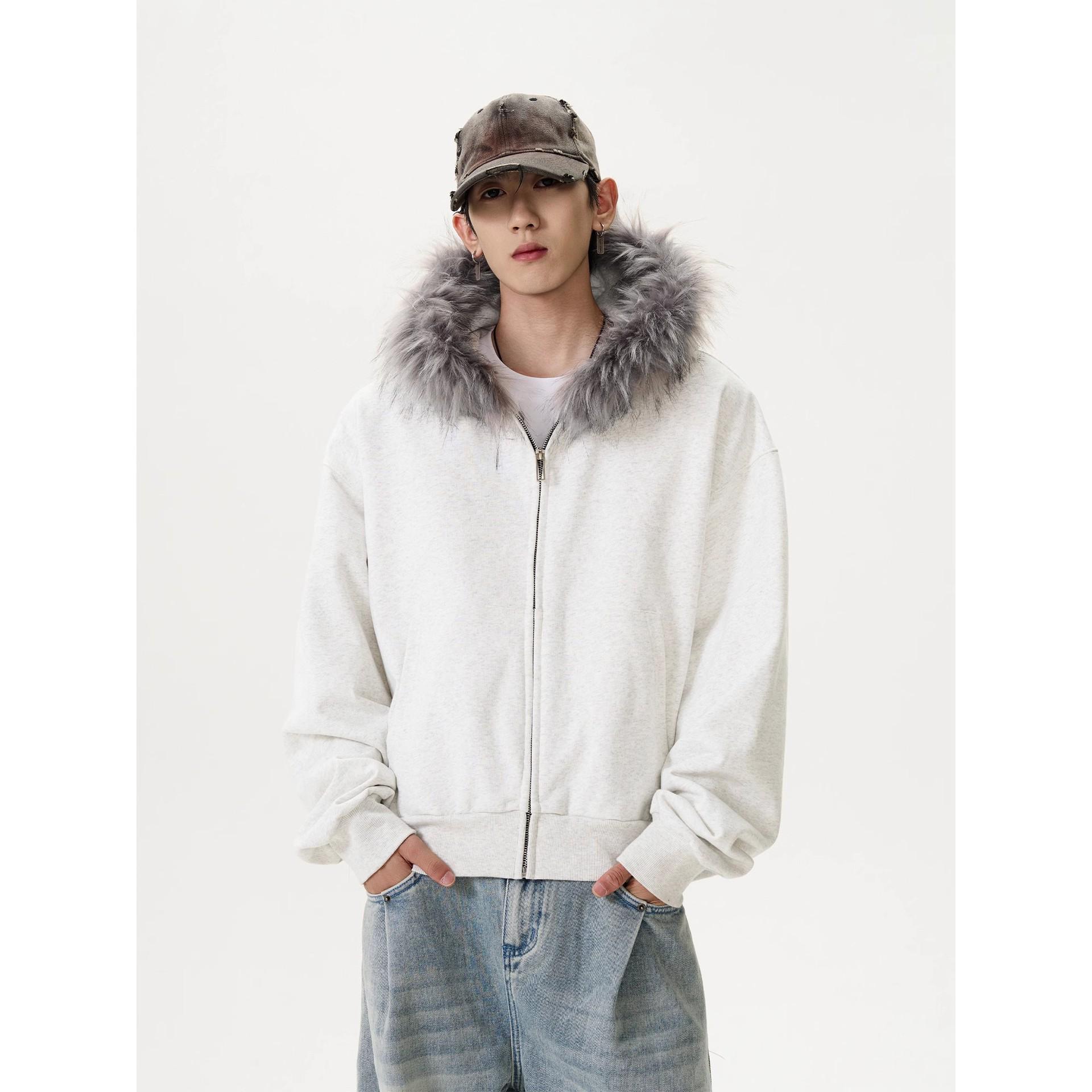 American Retro Fur Collar Couple Hooded Zipper Sweatshirt, Men s Autumn/Winter Trendy Jacket 3XL