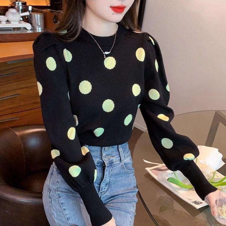 Autumn Polka Dot Puff Sleeve Knit Sweater - Slim, Versatile, Round Neck Style