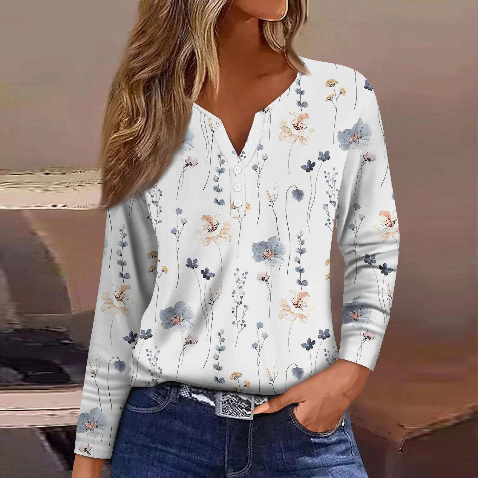 

Жіноча футболка з довгим рукавом і квітковим принтом на ґудзиках, щоденна мода на вихідні, звичайний топ із V-подібним вирізом XXXL білий