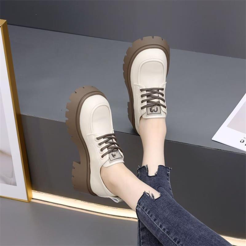 

Versatile soft leather British style women s shoes new lace-up small leather shoes platform-soled retro loafers thick heel single shoes 35