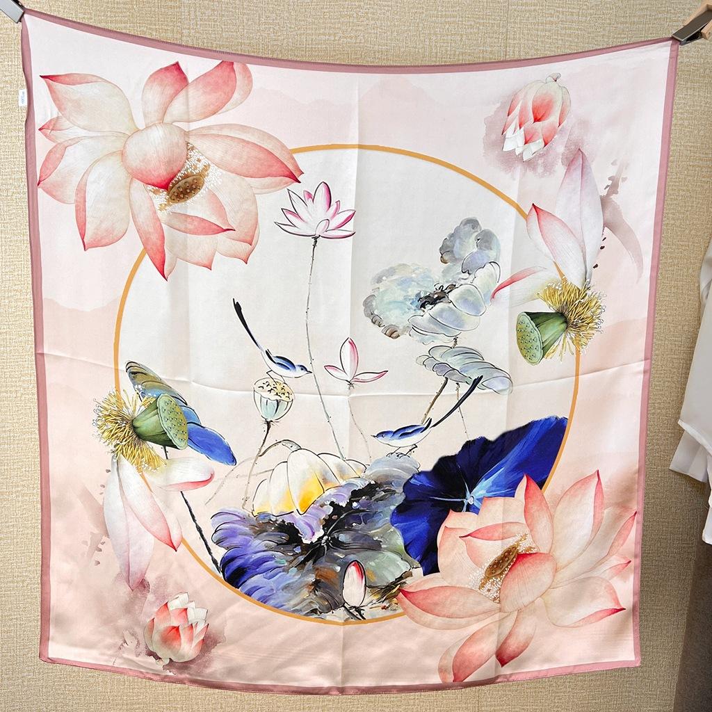 Guochao Chinese Landscape Painting Lotus Flower Versatile 100 Mulberry Silk Square Scarf Thin Shawl Women'S Silk Scarf Silk Scarf