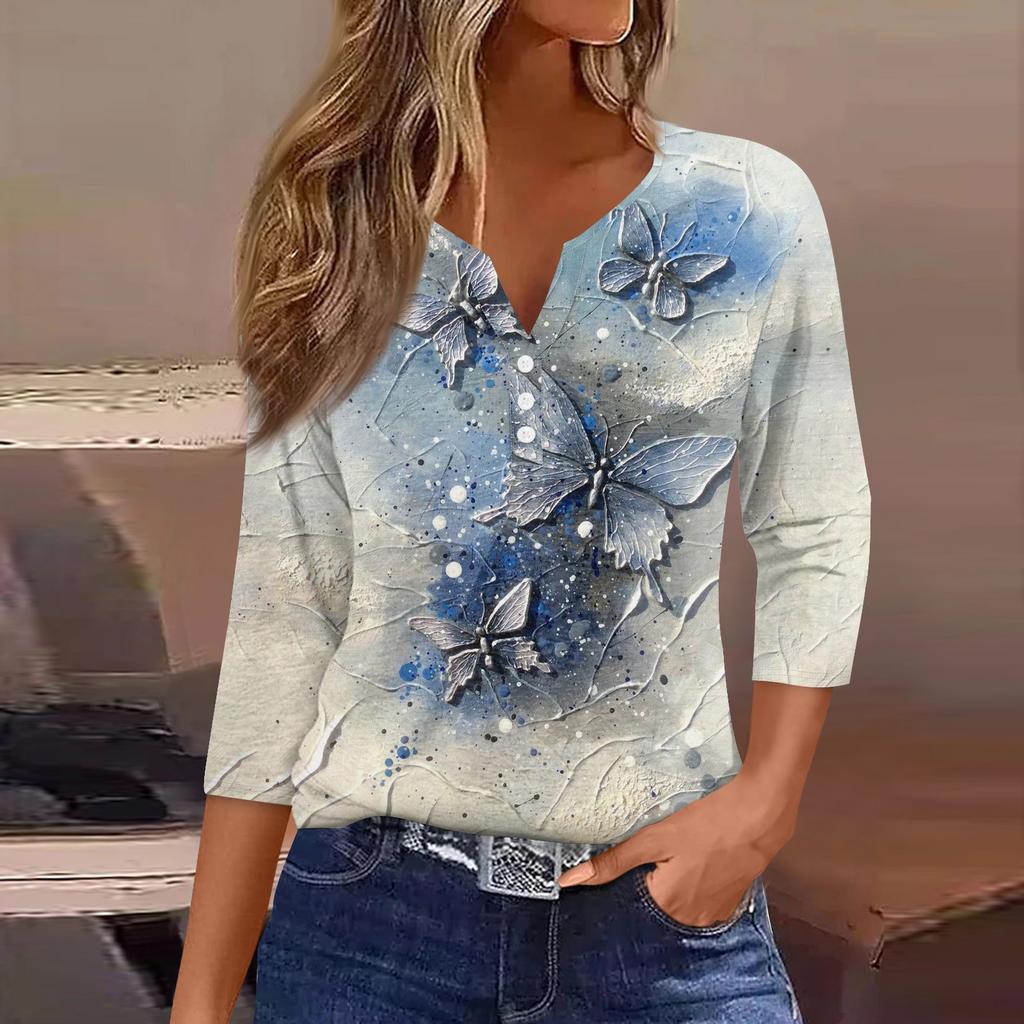 Women's T Shirt Tee Print Button  3/4 SleeveDaily Weekend Fashion Basic V- Neck Regular Top