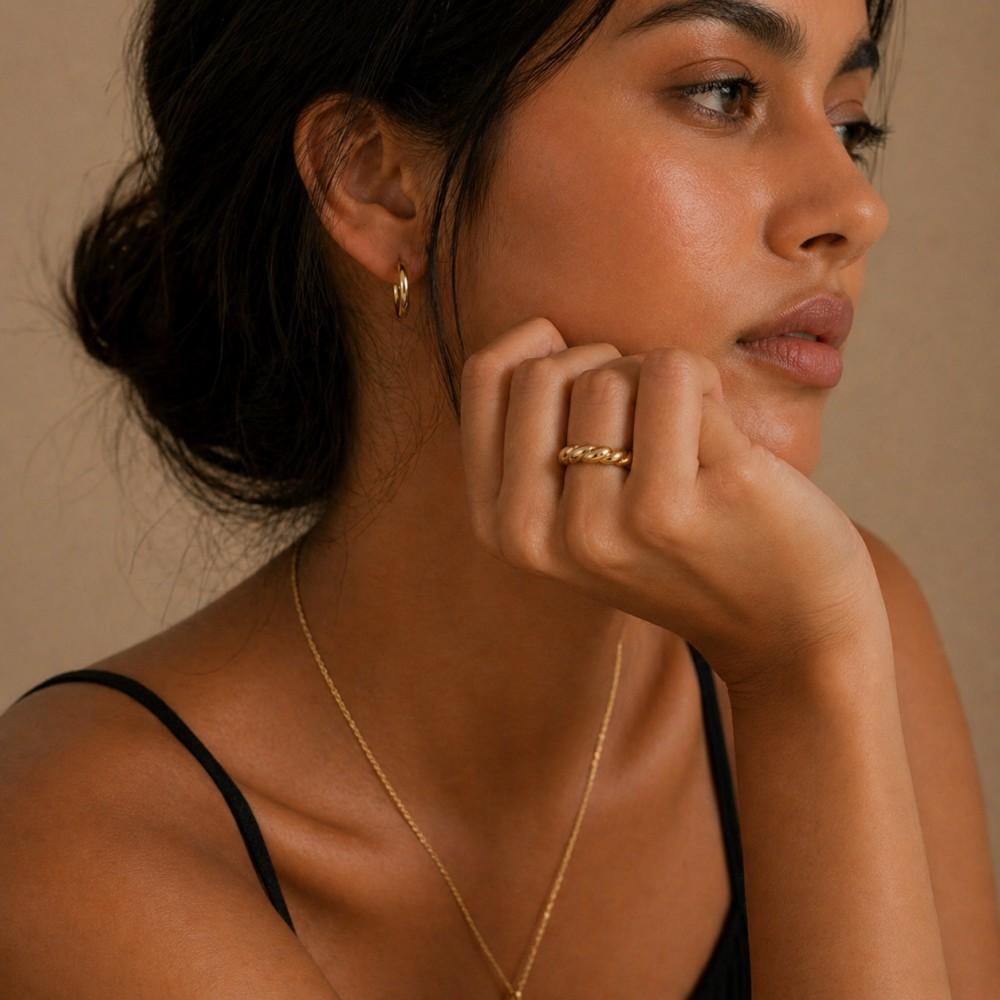 Elegant Golden Twisted Croissant Ring Unisex Design for Men and Women 18K Gold Plated Polished Geometric Round Chunky Jewelry