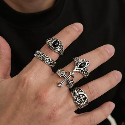 European and American Retro Hip-hop Exquisite Pattern Opening Adjustable Ring Five-piece Personalized Trend Ring