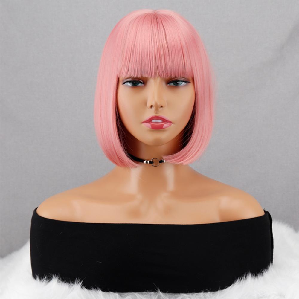 MISS WIG Kurze gerade Bob-Perücke mit Pony, synthetische Hochtemperaturfaser-Perücken für Frauen, rosa Farbe, Perücke für den täglichen Gebrauch