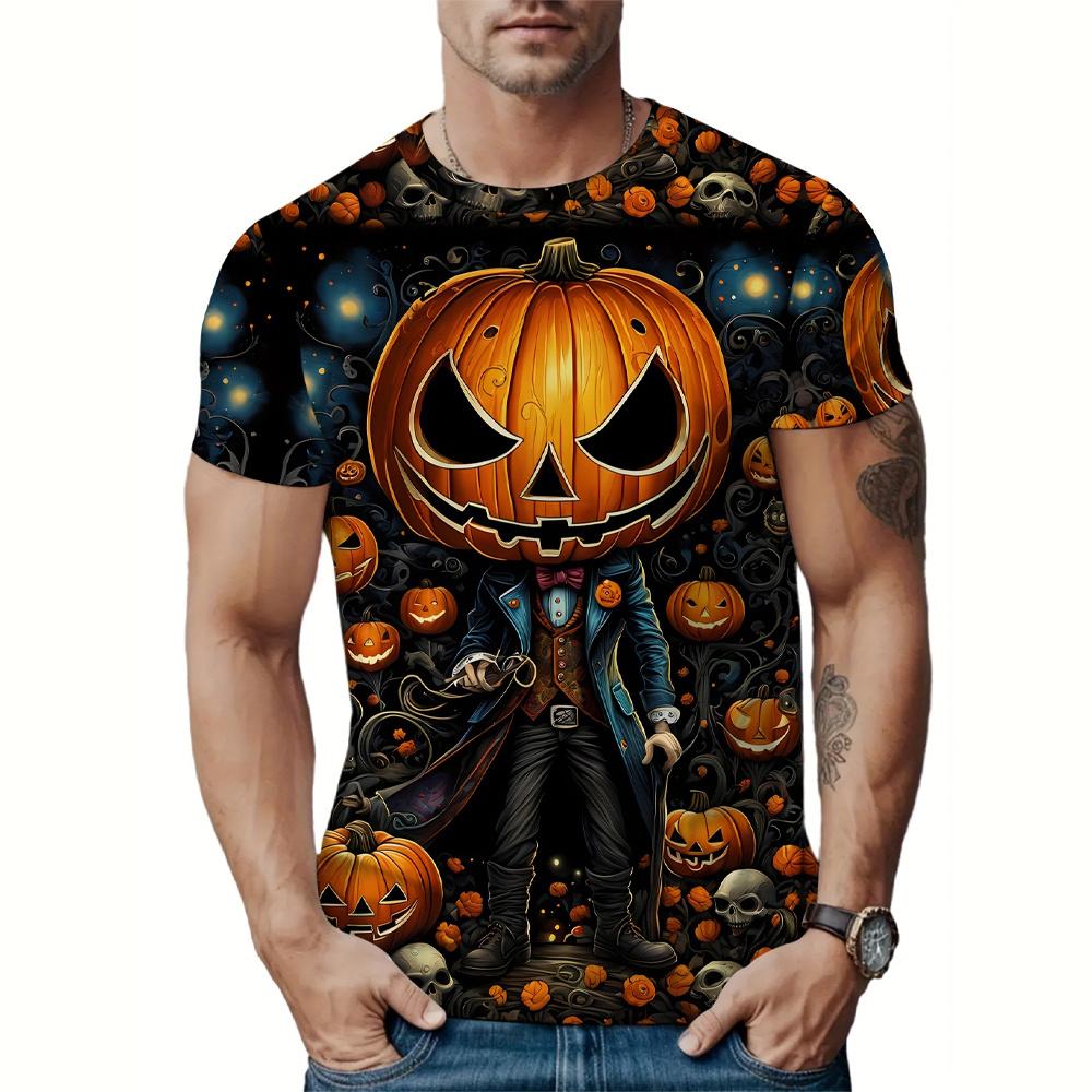 Men's T-shirt Short Sleeved Halloween 3D Pumpkin Skull Pattern T-shirt Fashionable and Funny T-shirt Casual Loose Halloween Party Top