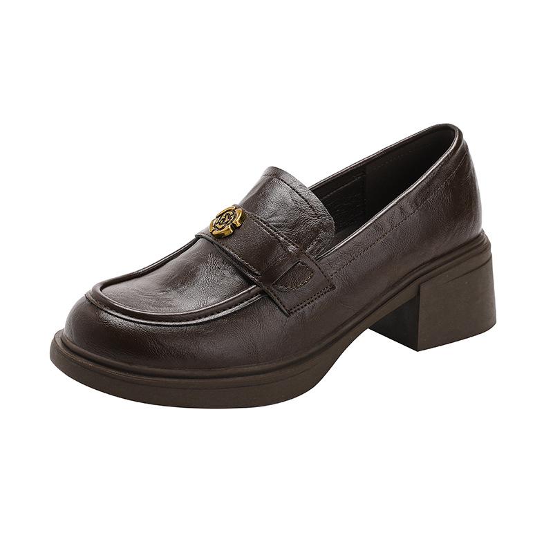 Dames Vaskbare Britisk Retro Ekte Skinn Chunky Hæl Loafers