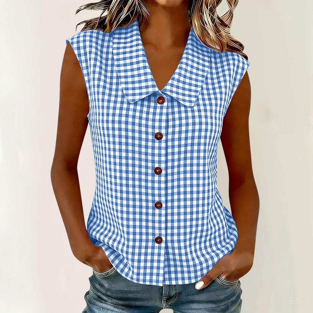 Women's Casual Plaid Sleeveless Collared Top