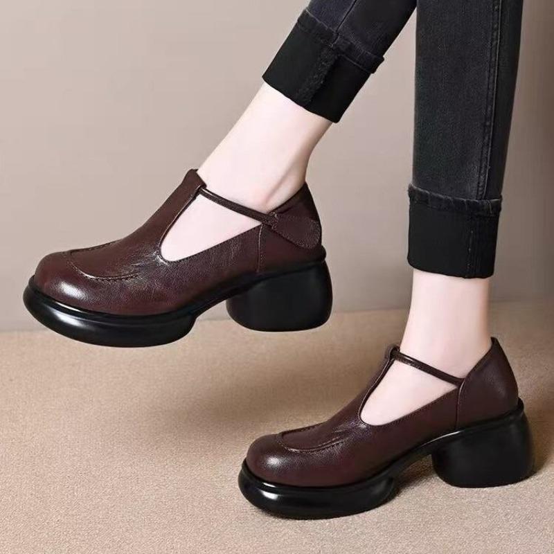 Autumn New High-heeled T-buckle Mary Jane Small Leather Shoes Women's Thick-heeled Thick-soled Casual Versatile Light-mouth Single Shoes