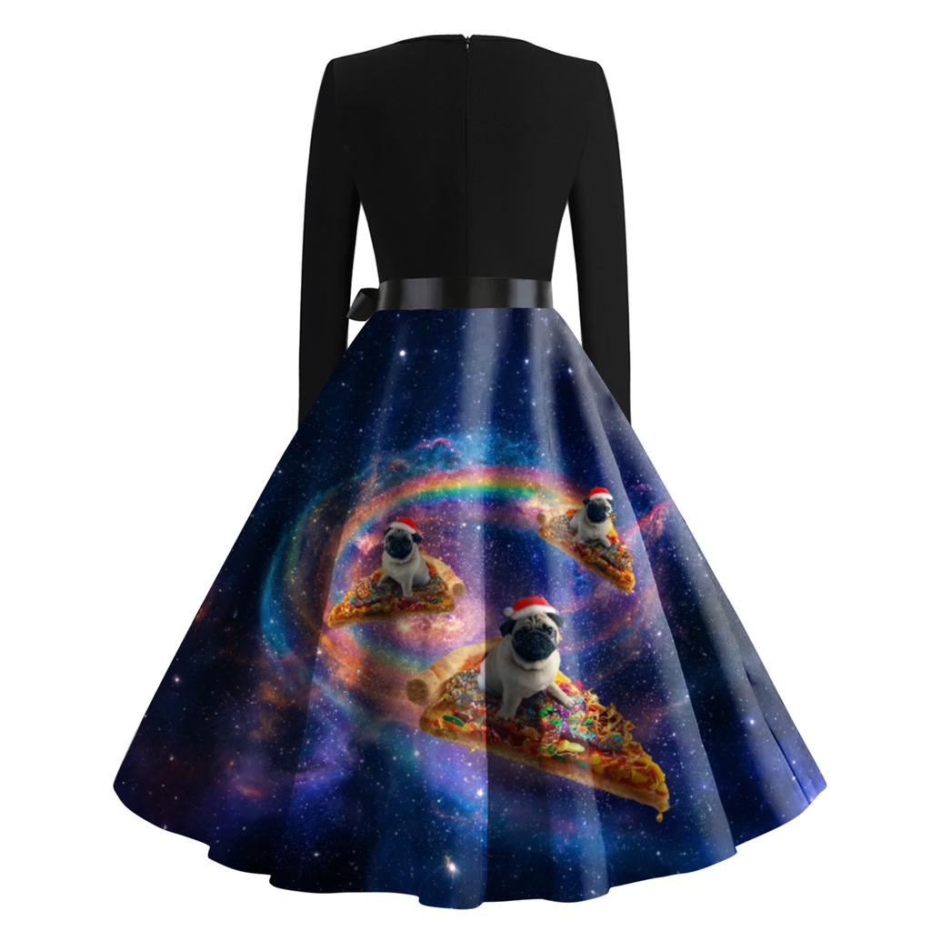Women's Fashion Retro Long-sleeved Square Collar Christmas Printed Evening Dress