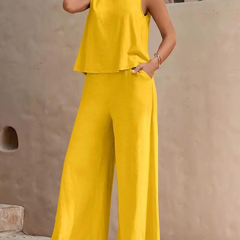 New Women's Sleeveless Vest And Trousers Two Piece Set Fashion Solid Color Two Piece Round Neck Top Pants Suit Casual Set