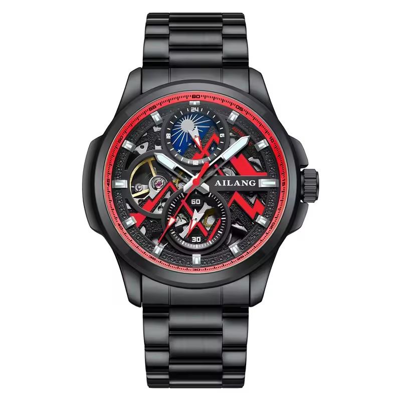 AILANG Multifunctional MenMechanical Watch Hollow Tourbillon Automatic Wristwatch Waterproof Luminous Bracelet Moon Phase Dial