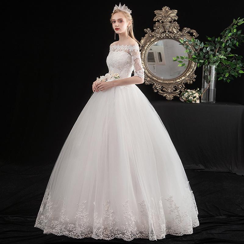 2025 Simple Korean Off-Shoulder Mid-Sleeve Plus Size Bridal Dress for Spring/Summer