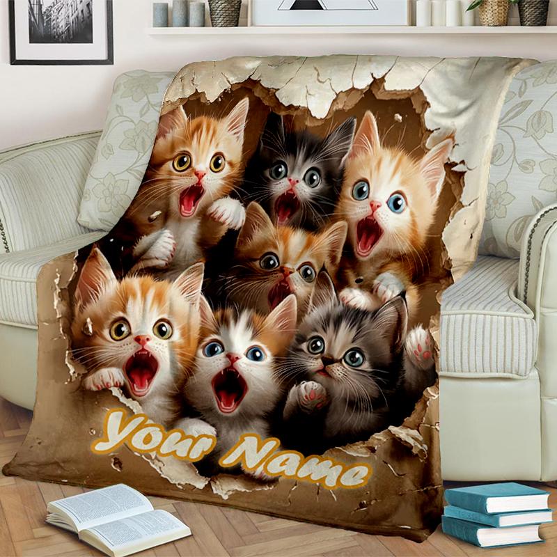 1PC Custom Name Kittens Through Wall flannel blanket versatile, all-season throw suitable for the living room, bedroom, camping, travel, and gift