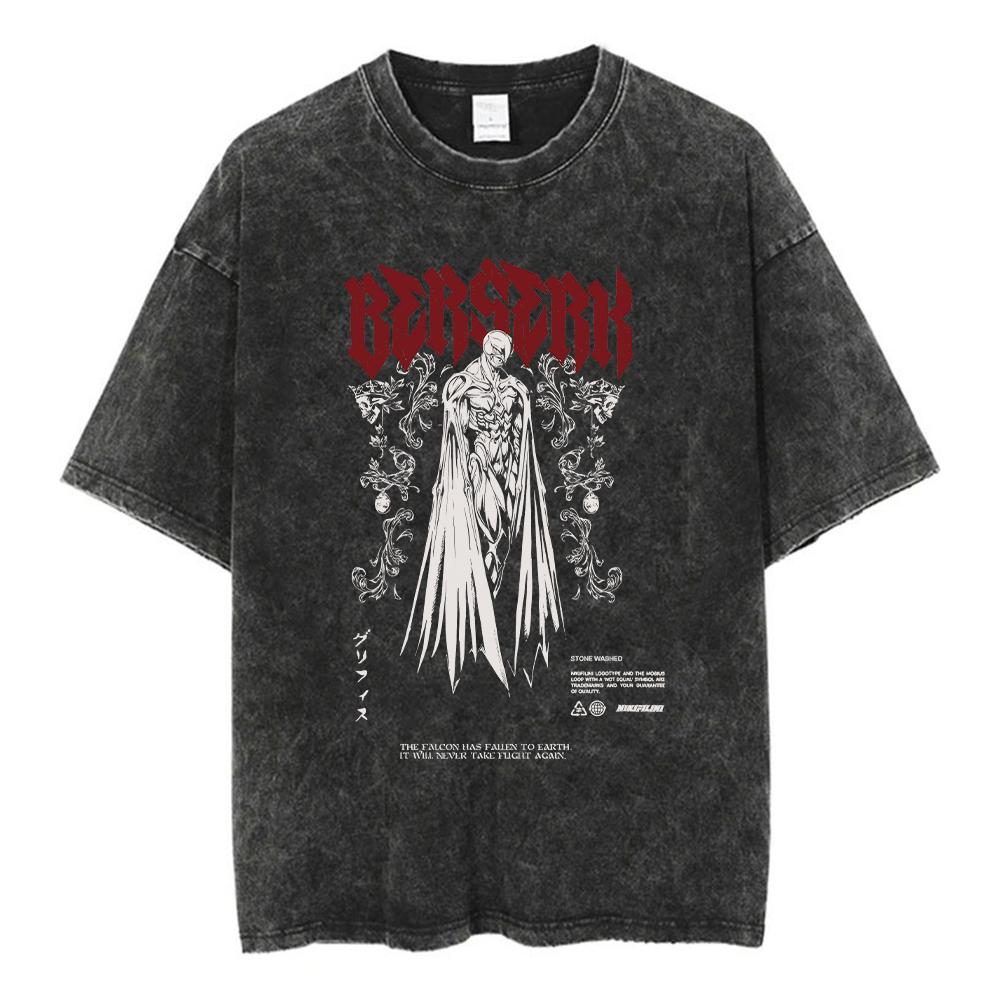 Anime Berserk Guts Acid Tshirt Retro Vintage Washed Graphic Tees Men Harajuku Cotton Casual Short Sleeve Tshirt Tops Unisex