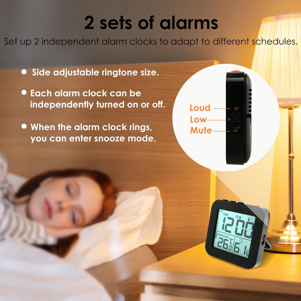 Digital Alarm Clock with 2 Bells Temperature Humidity Backlight Night Light Snooze 12/24H Battery room decoration