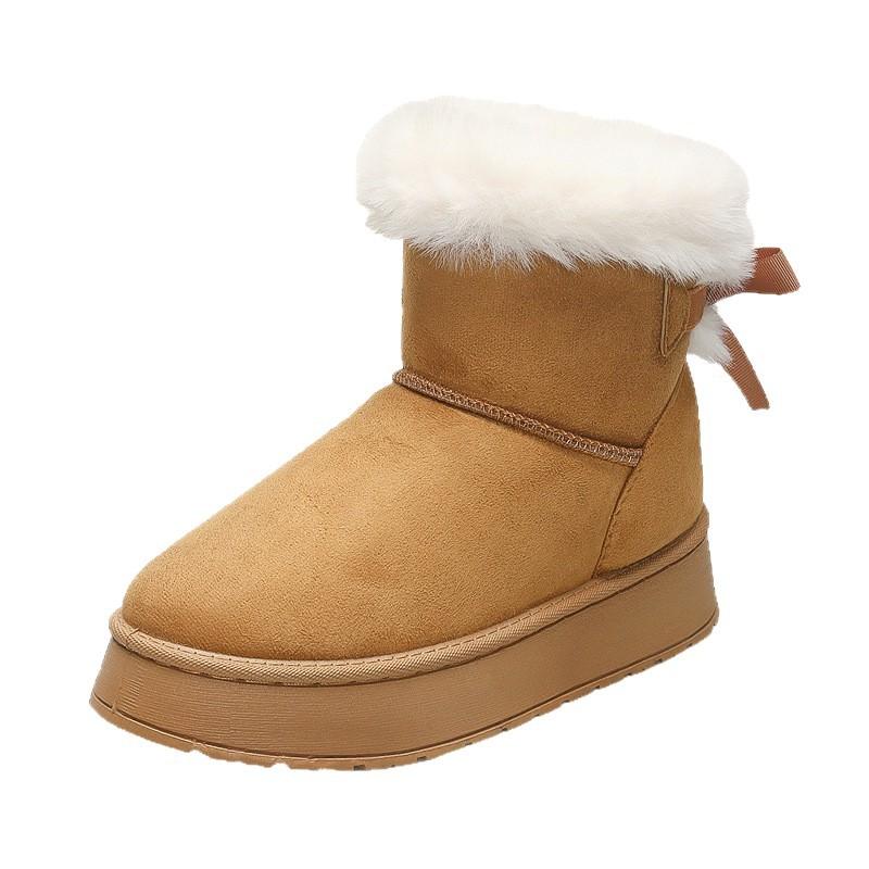 2025 Winter New Snow Boots Women's Fluffy Bow Piled Thickened Warm Non-slip Winter Cotton Boots Large Size
