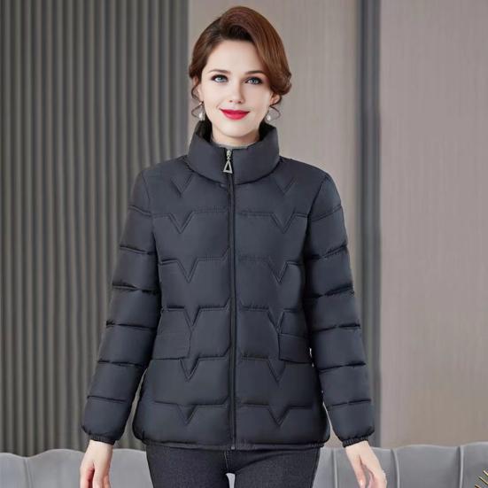 Frauen Baumwolle Jacke Stehkragen Langarm Einfarbig Reißverschluss Herbst Winter