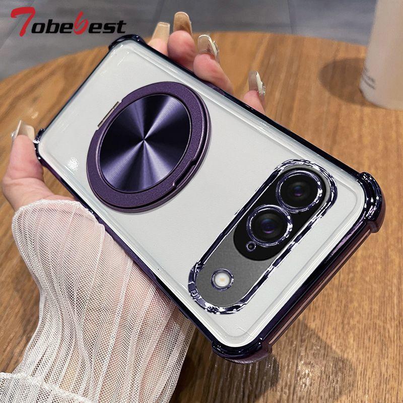 

360° Degree Rotate Magnetic Bracket Phone Case For Google Pixel 10 9 8 7 Pro XL 9A 8A 7A Clear Shockproof Plating Silicone Cover Google Pixel 7a фиолетовый