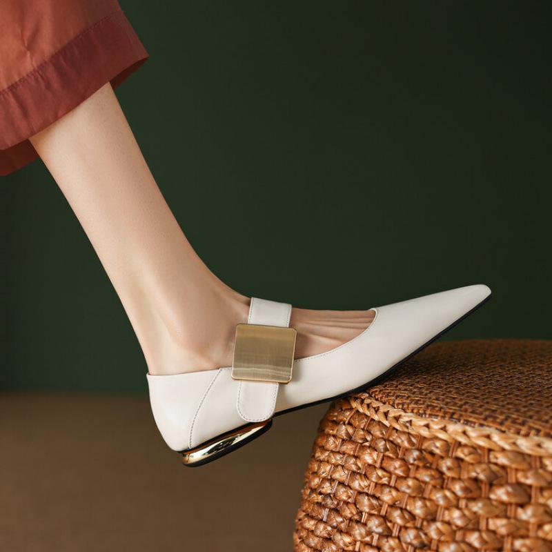 New four seasons pointed fashion single shoes women's buckle fashion solid color non-slip beef tendon sole large size soft sole cowhide women's shoes
