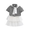 Girls' Sweet Set 2025 Summer Children's Fashion Shawl Striped Short Sleeve Top Cake Skirt Three-piece Set