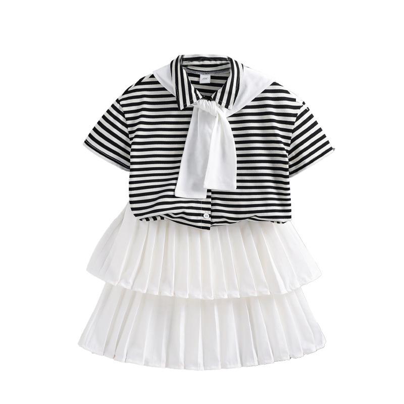 Girls' Sweet Set 2025 Summer Children's Fashion Shawl Striped Short Sleeve Top Cake Skirt Three-piece Set